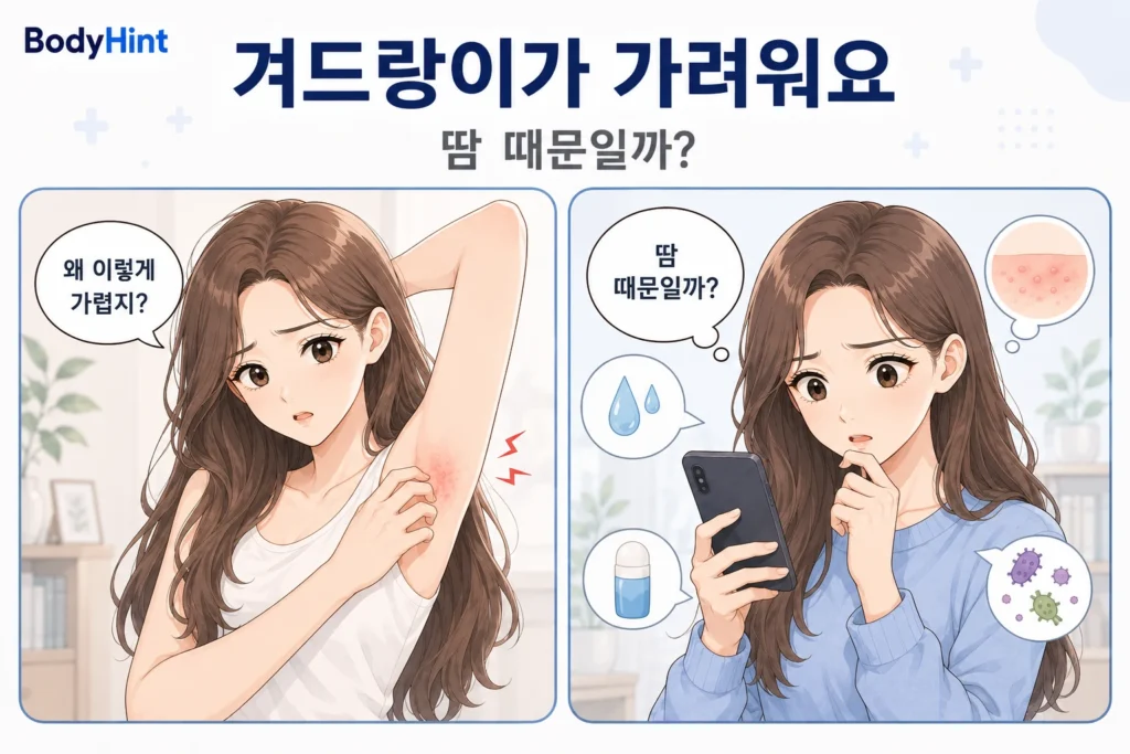 겨드랑이가 가려워 불편해하는 여성이 증상을 확인한 뒤 스마트폰으로 땀·데오드란트·피부염 등 원인을 검색하는 공감형 2컷 만화