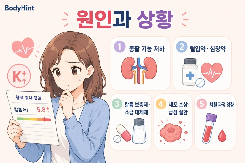 칼륨 수치가 높아지는 주요 원인으로 콩팥 기능 저하, 혈압약·심장약, 칼륨 보충제·소금 대체제, 세포 손상·급성 질환, 채혈 과정의 영향을 보여주는 여성 인포그래픽