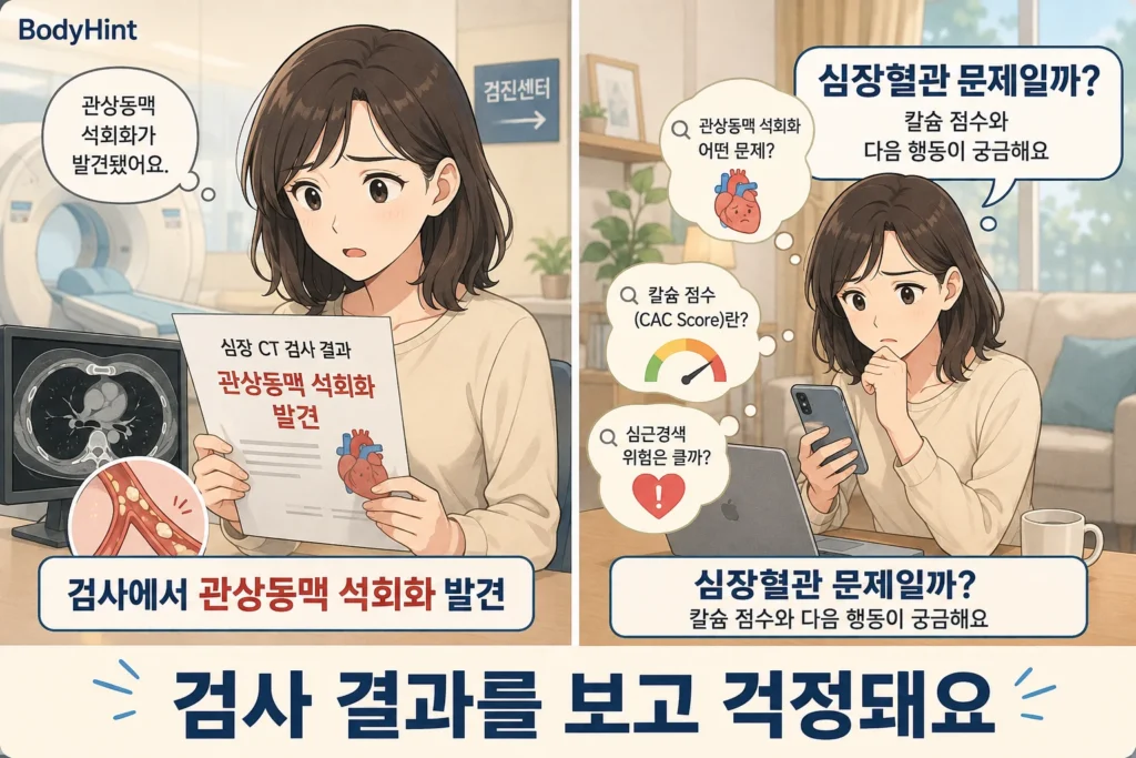 심장 CT 검사에서 관상동맥 석회화가 발견된 뒤 집에서 칼슘 점수와 심근경색 위험을 검색하며 걱정하는 여성의 공감형 2컷 이미지